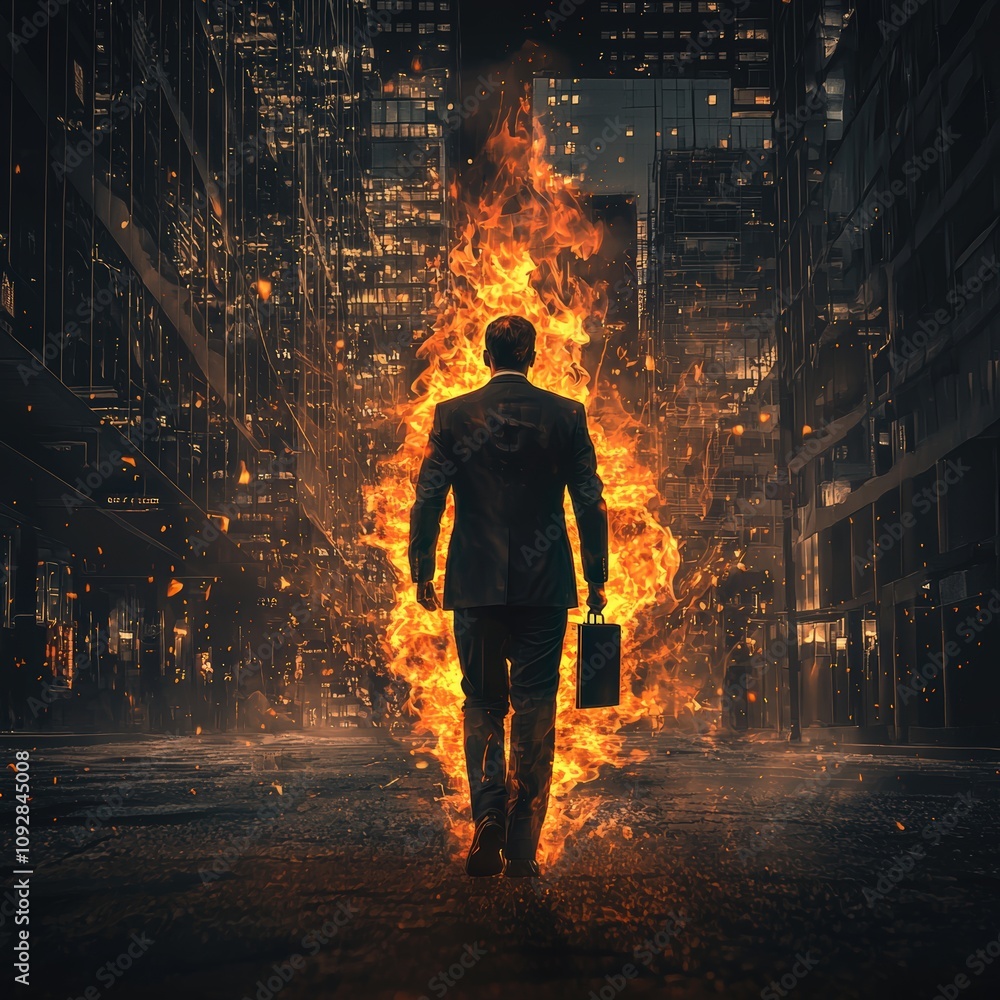 Fototapeta premium Businessman walking through flames in urban setting