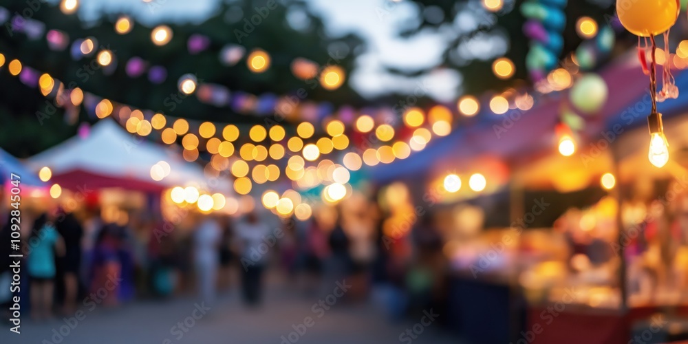 Fototapeta premium A lively night market scene filled with vibrant stalls, twinkling fairy lights, and crowds enjoying the atmosphere, creating a magical ambiance for visitors.