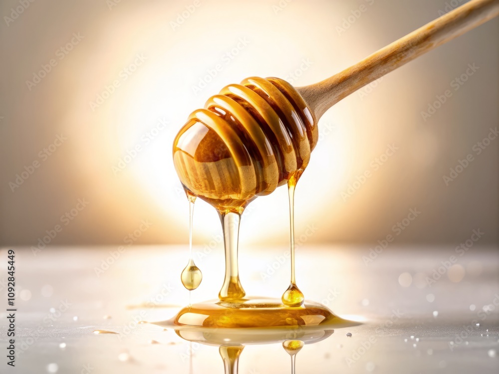 Captivating Candid Moment of Honey Dripping from Above on a Pristine White Background, Highlighting the Natural Sweetness and Fluidity of this Golden Nectar in a Minimalist Setting Captivating Candid Moment of Honey Dripping from Above on a Pristine White Background, Highlighting the Natural Sweetness and Fluidity of this Golden Nectar in a Minimalist Setting