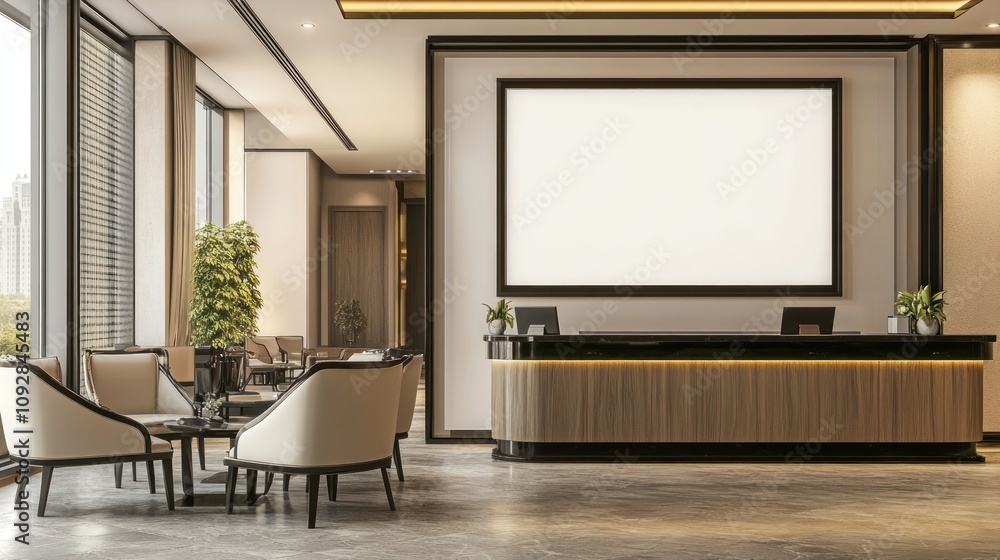 Fototapeta premium Modern reception area with a desk, seating, and large blank screen for presentations.