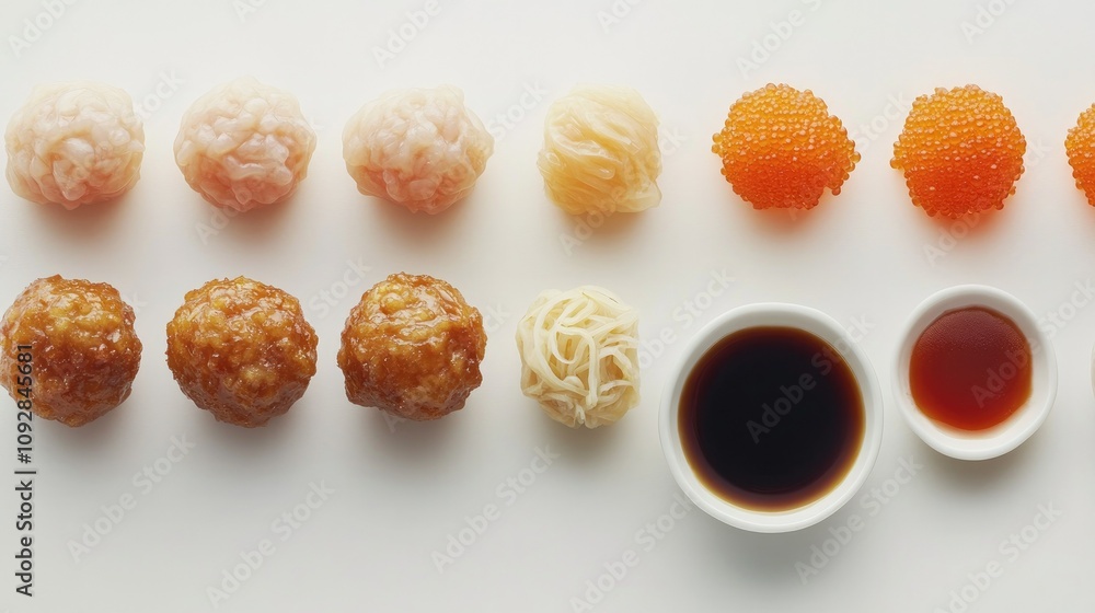 Assorted fishballs with a side of dipping sauce, set against a minimalist white background. Assorted fishballs with a side of dipping sauce, set against a minimalist white background.