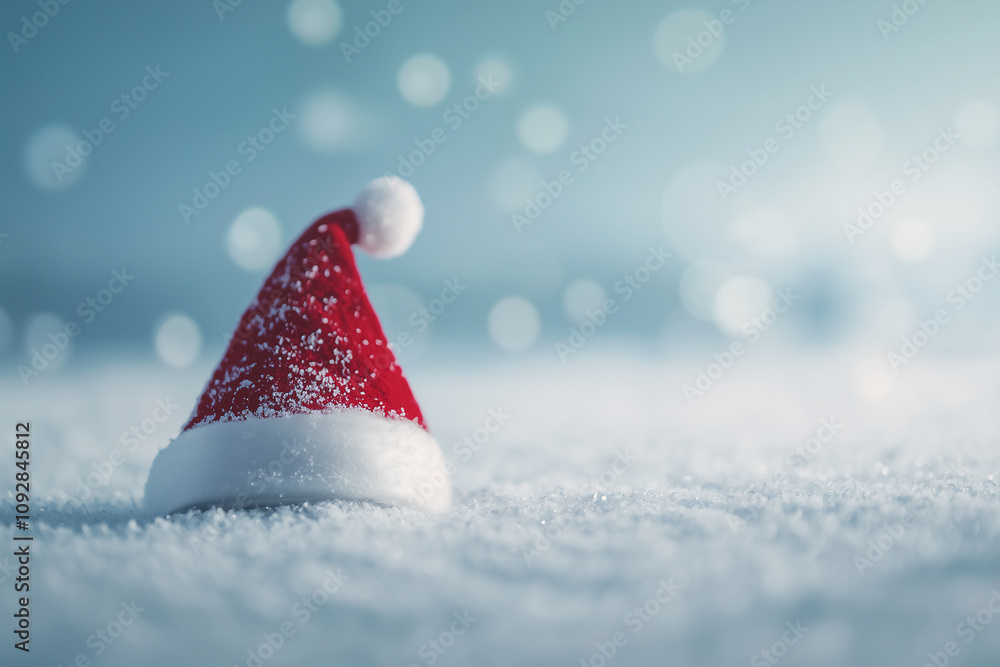 Santa Claus hat in snow with festive bokeh lights, Christmas and winter holiday concept, red and white seasonal decoration, cozy celebration, magical atmosphere