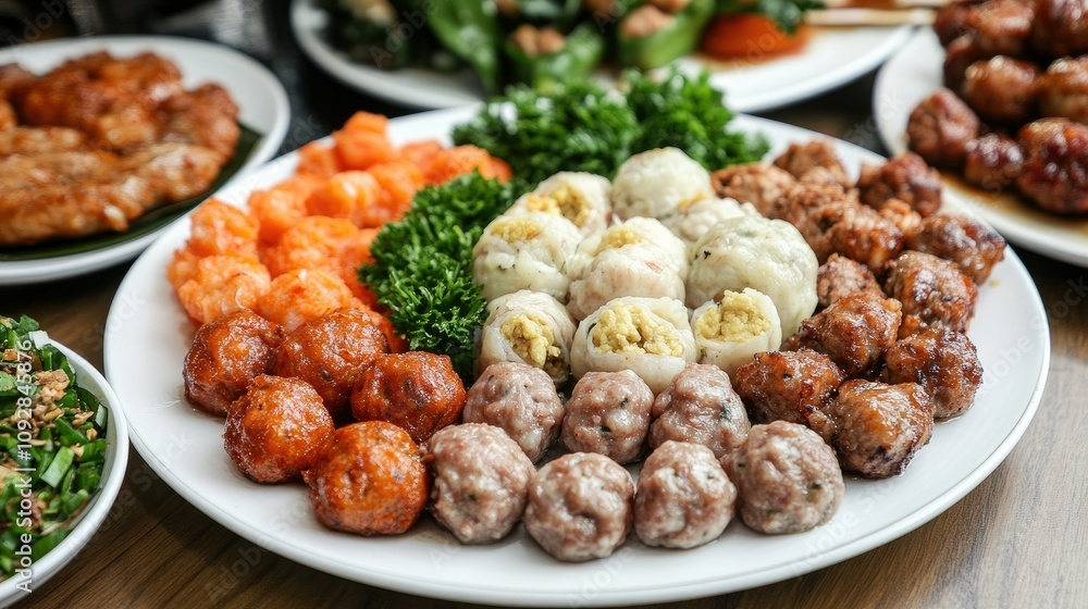 Assorted meatballs, fishballs, and porkballs served on a white plate, perfect for highlighting variety Assorted meatballs, fishballs, and porkballs served on a white plate, perfect for highlighting variety