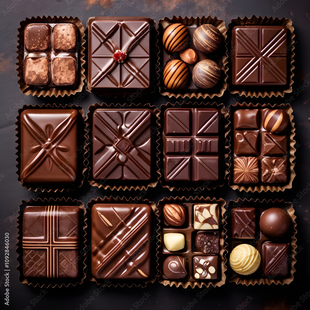 A set of assorted chocolates. Bitter, white milk. View from above. A set of assorted chocolates. Bitter, white milk. View from above.