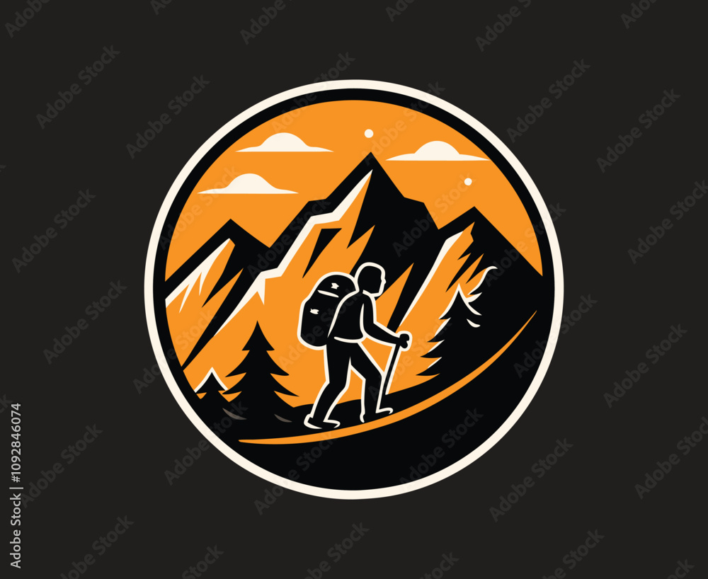 Vector Mountain Range Illustration with Sunset and Stars in a Minimalist Circular Emblem Vector Mountain Range Illustration with Sunset and Stars in a Minimalist Circular Emblem