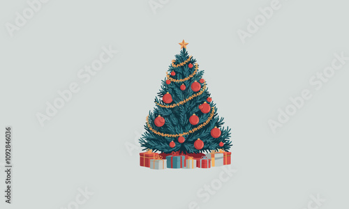 Decorated Christmas tree with gifts and ornaments vector.