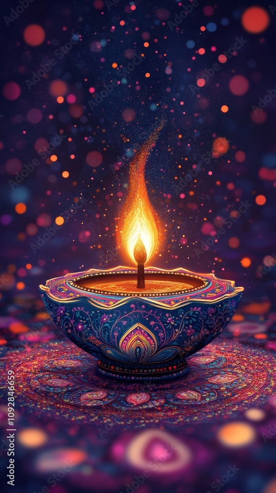 Colorful Diwali Diya with Glowing Flame and Festive Bokeh