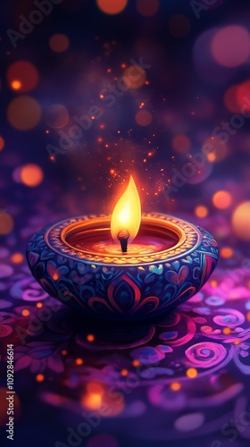 Colorful Diwali Diya with Glowing Flame and Festive Bokeh