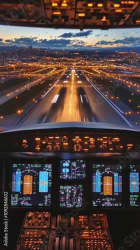 Cockpit view during landing, showcasing city lights and runway.