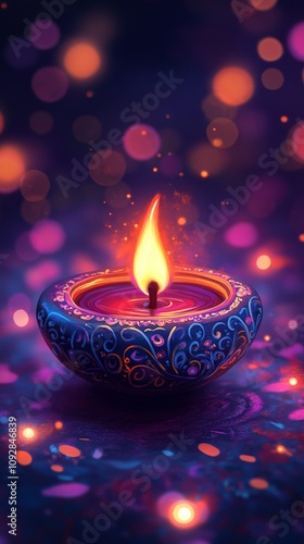 Colorful Diwali Diya with Glowing Flame and Festive Bokeh