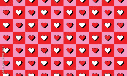 Pattern with red and white checkered hearts