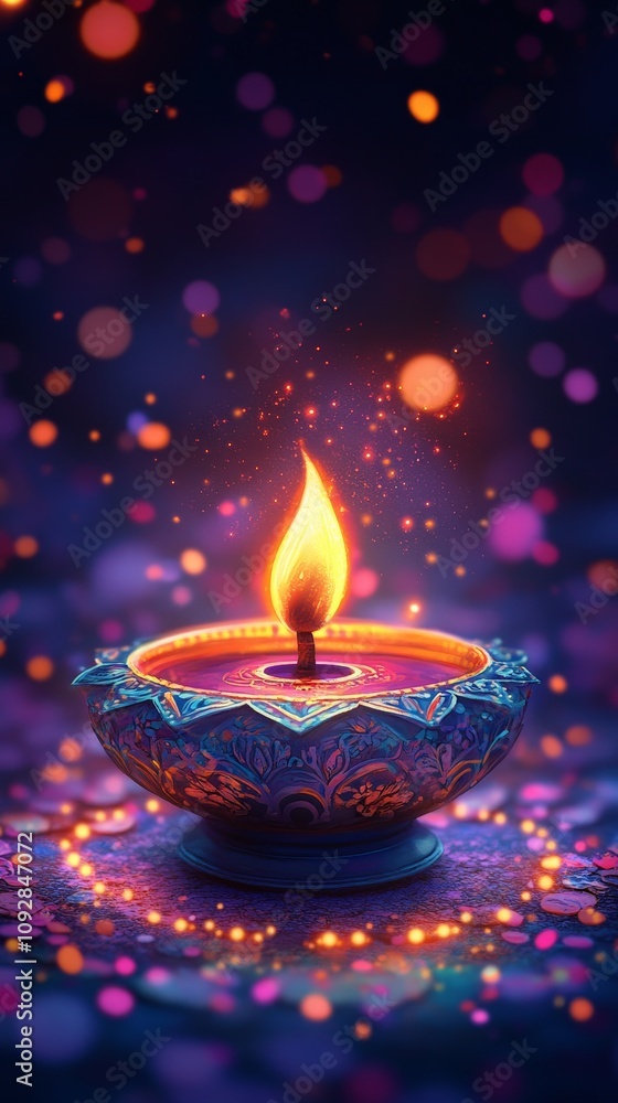 Colorful Diwali Diya with Glowing Flame and Festive Bokeh Colorful Diwali Diya with Glowing Flame and Festive Bokeh