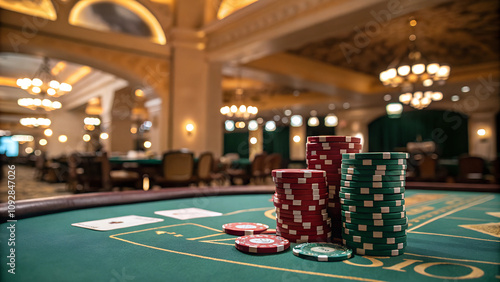 Colorful poker chips stacked on casino table in luxurious gaming room