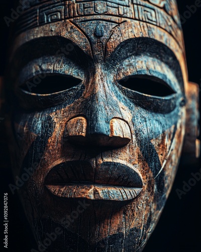 ancient tribal mask with hand carved details