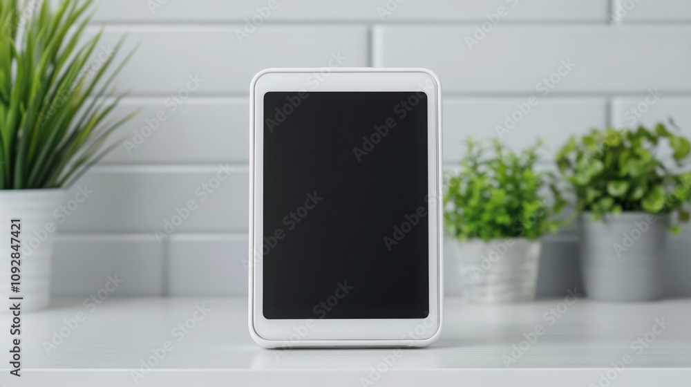 Blank digital tablet on a desk with potted plants in background Blank digital tablet on a desk with potted plants in background