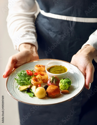 Wallpaper Mural Close-up of a professional chef presenting luxury gourmet dishes to the camera, showcasing exquisite culinary skills and elegant food presentation in a fine dining restaurant.

 Torontodigital.ca