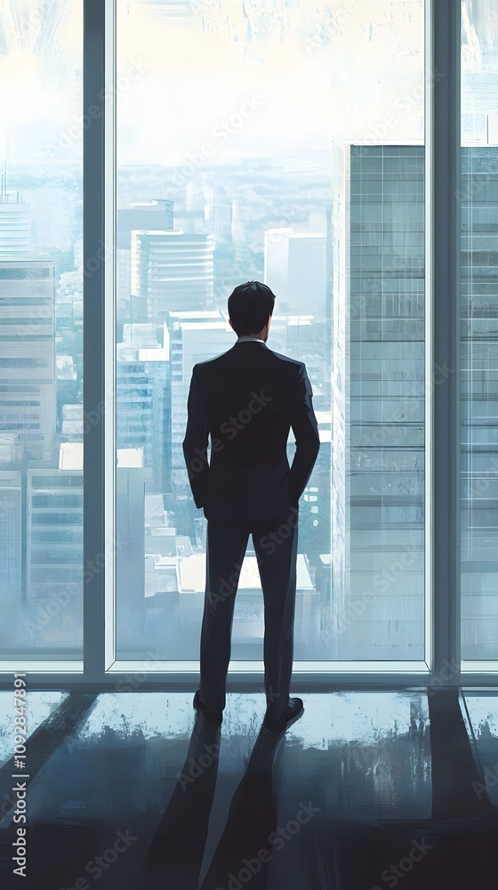 A businessman in a suit stands with his back turned, looking out of the window at an empty cityscape A businessman in a suit stands with his back turned, looking out of the window at an empty cityscape