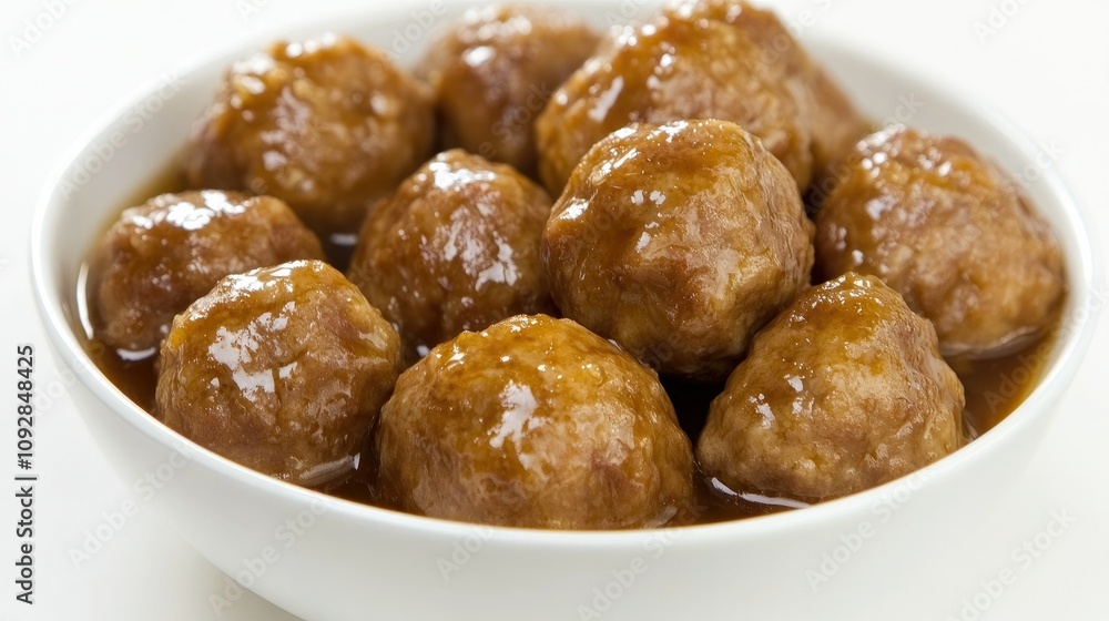 Bowl of porkballs with a clear broth, set on a white background for a simple look. Bowl of porkballs with a clear broth, set on a white background for a simple look.