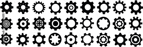 Gear icon vector set, black gears silhouette showcasing mechanical symbols. Industrial cogwheels, engineering tools, and gear shapes for technology, machinery, and settings concepts