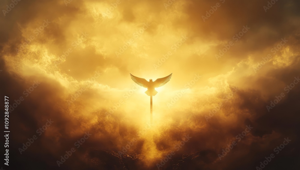 Obraz premium A spiritual moment captured with a dove and cross under a dramatic cloud formation.