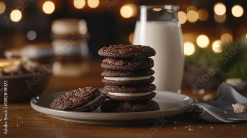 Wallpaper Mural Chocolate cookies stacked neatly on a plate with milk, ideal for a classic snack setup. Torontodigital.ca