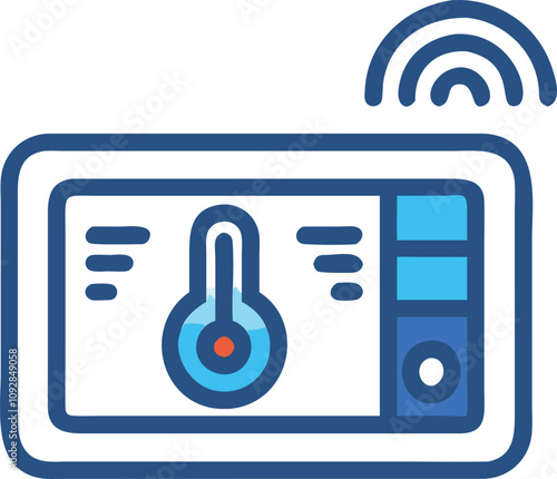 Smart Thermostat Display with Wireless Connectivity Icon, Blue and white icon of a smart thermostat display featuring wireless connectivity, temperature control, and energy-efficient technology.
