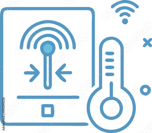 Wireless Temperature Control and Monitoring Icon, Minimalist blue icon displaying a thermometer and tablet interface, representing wireless temperature control and smart monitoring systems.
