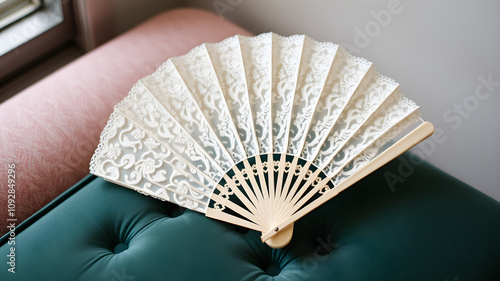 A retro handheld fan with delicate lace detailing, resting on a velvet cushion. Generative AI photo