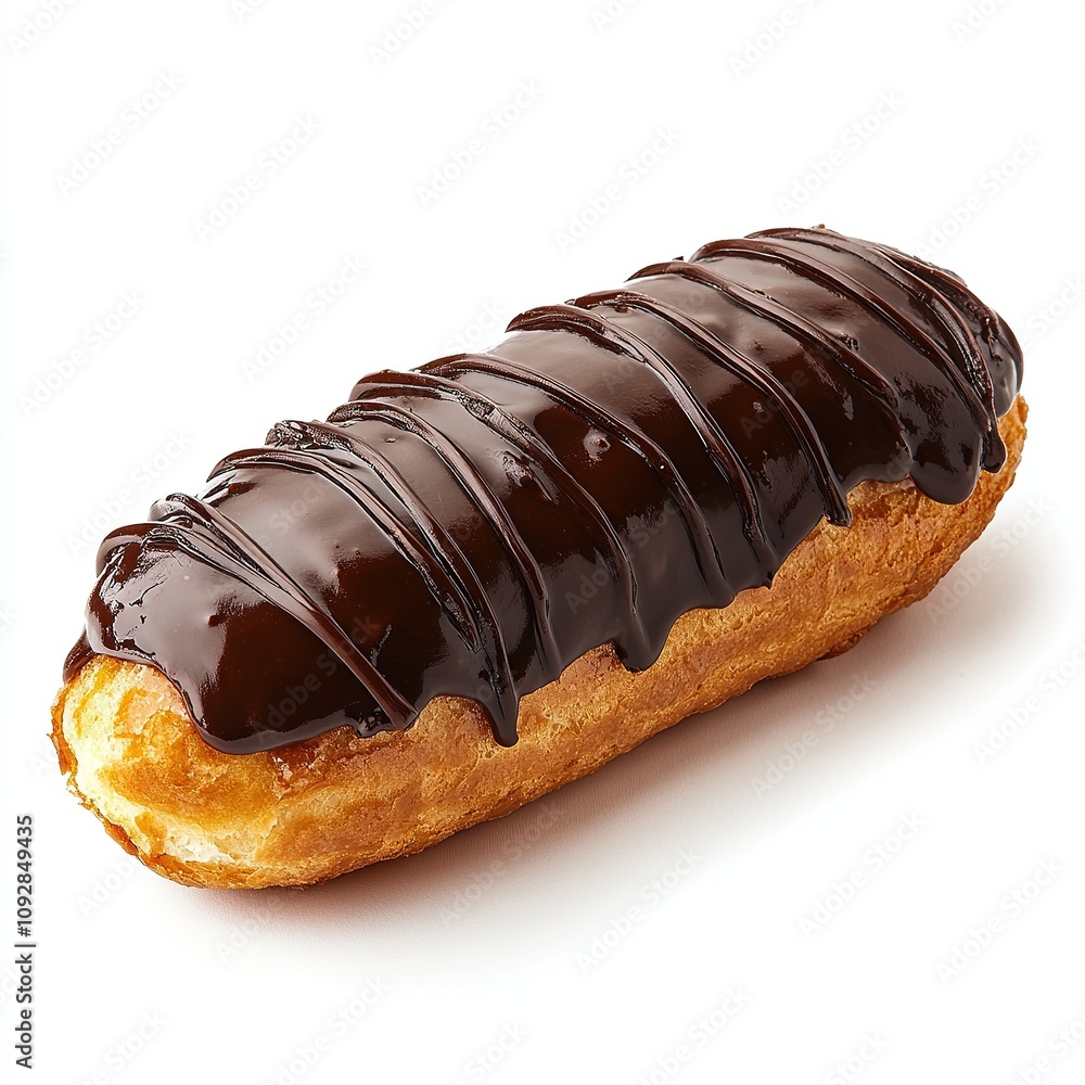 Chocolate éclair topped with rich glaze on white background. Chocolate éclair topped with rich glaze on white background.