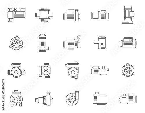Water pump electric and manual plumbing system line art icon set vector illustration