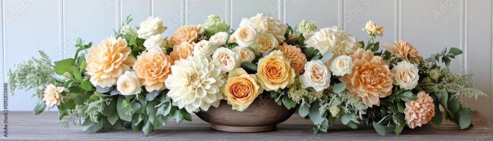Elegant Chardonnay-inspired arrangement, golden roses, cream dahlias, rustic vase, warm greenery