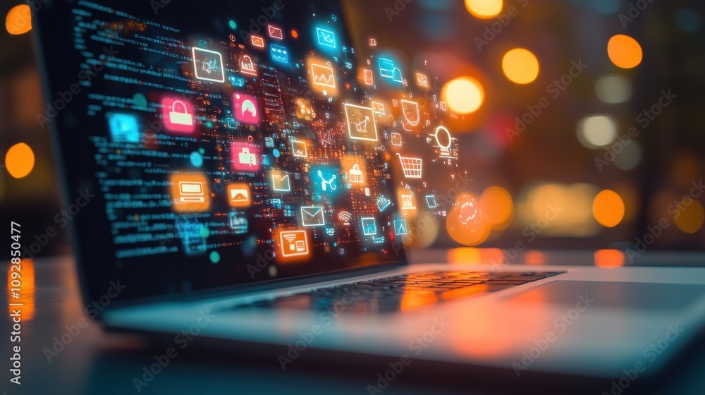 A laptop displaying digital icons and data, symbolizing technology and connectivity.