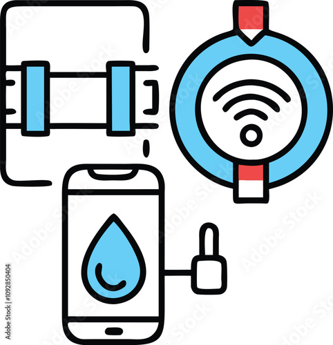 Smart Water Meter with Mobile Control Icon, Colorful illustration of a smart water meter, smartphone, and wireless signal, symbolizing IoT-enabled water management and monitoring.
