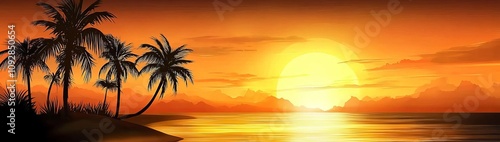 Tranquil beach scene featuring palm trees at dusk during sunset.