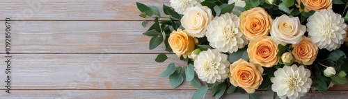 Floral bouquet in Chardonnay hues, golden roses, cream dahlias, subtle green leaves, rustic setting