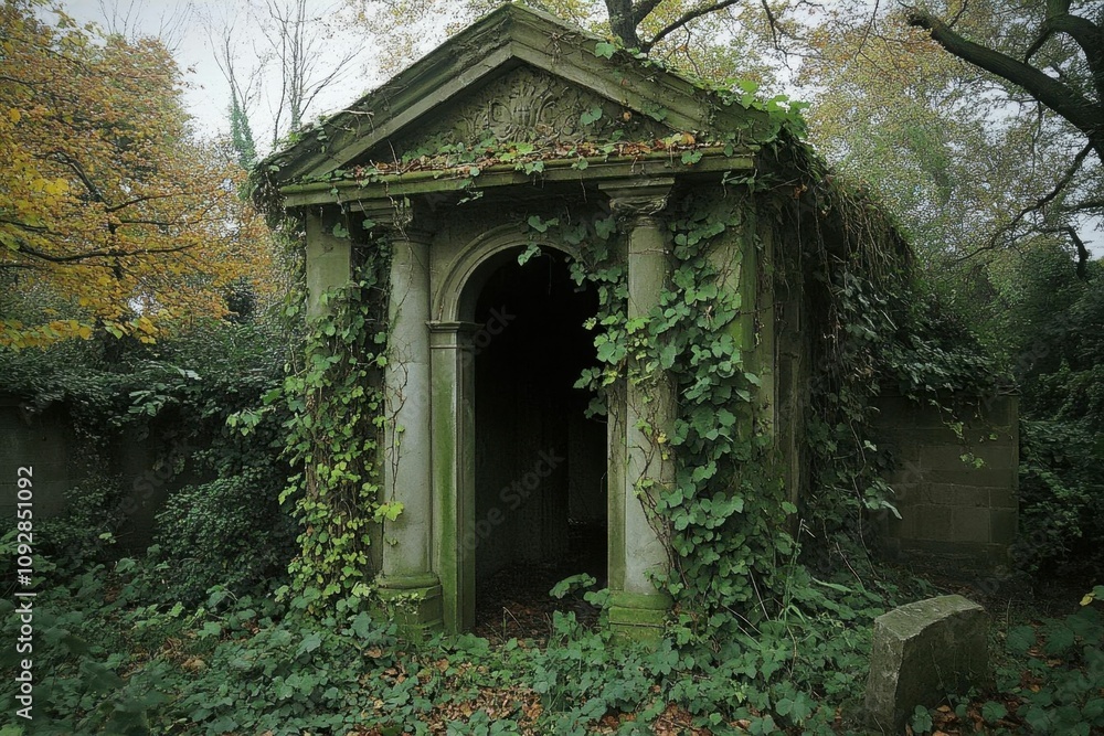 An overgrown mausoleum surrounded by lush greenery and autumn leaves. An overgrown mausoleum surrounded by lush greenery and autumn leaves.