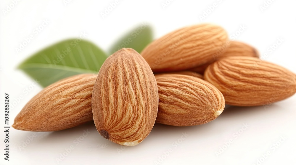 Almonds with leaves in close-up, isolated on a white background Almonds with leaves in close-up, isolated on a white background