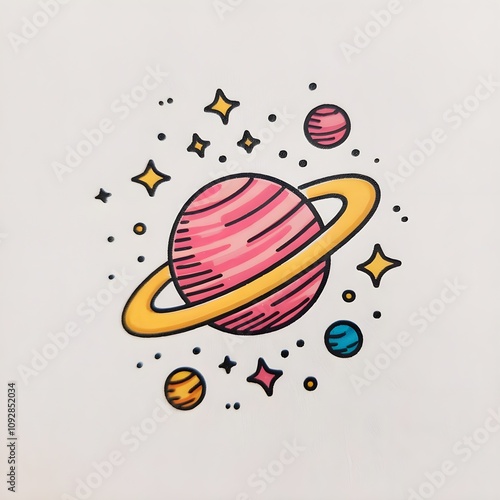 Vibrant illustration and colorful of a planet Saturn, surrounded by a ring. including stars and smaller planets or moons