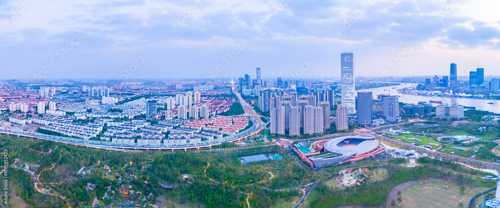 Aerial view of Shanghai skyline at sunset Aerial view of Shanghai skyline at sunset