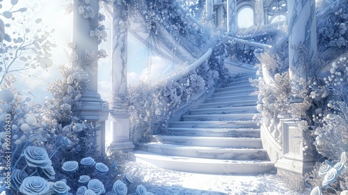 Winter marble stairs and arches with flower and leaves garlands, fantasy fairy palace, heaven stone stair with floral decorations, fairytale princess castle interior, AI generated image