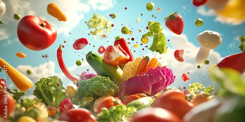 Wide-angle fantasy landscape, vibrant vegetables dance on surrealist plates, magical spices in the air, dreamlike culinary creation photo