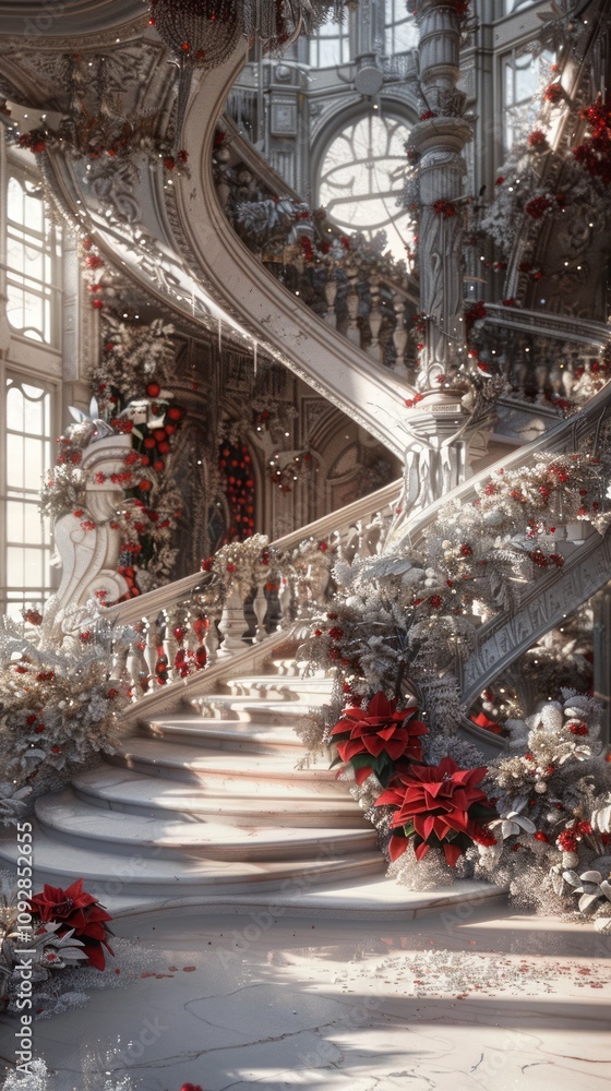 Obraz premium Winter marble stairs and arches with flower garlands, fantasy fairy palace, stone stair with floral decorations, fairytale princess castle interior, vertical phone wallpaper, AI generated image