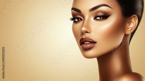 Close-up portrait of beautiful woman with dark skin and glossy lips, perfect for beauty skincare ads.