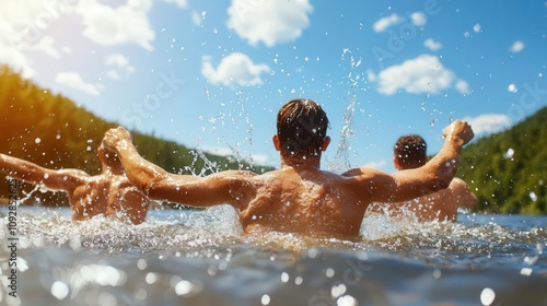 Friends splashing water in a lake as they cool off on a hot day, lake splash, summer fun with friends photo