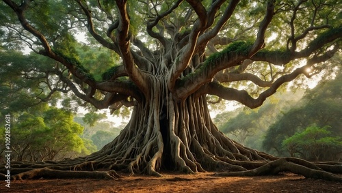 View of a majestic and ancient banyan tree (Bargad Vriksh) standing tall in the center of a serene forest