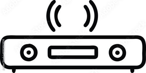 Minimalist wireless router with signal waves, Black outline illustration of a wireless router emitting signal waves, designed in a minimalist style for modern connectivity representation.  
