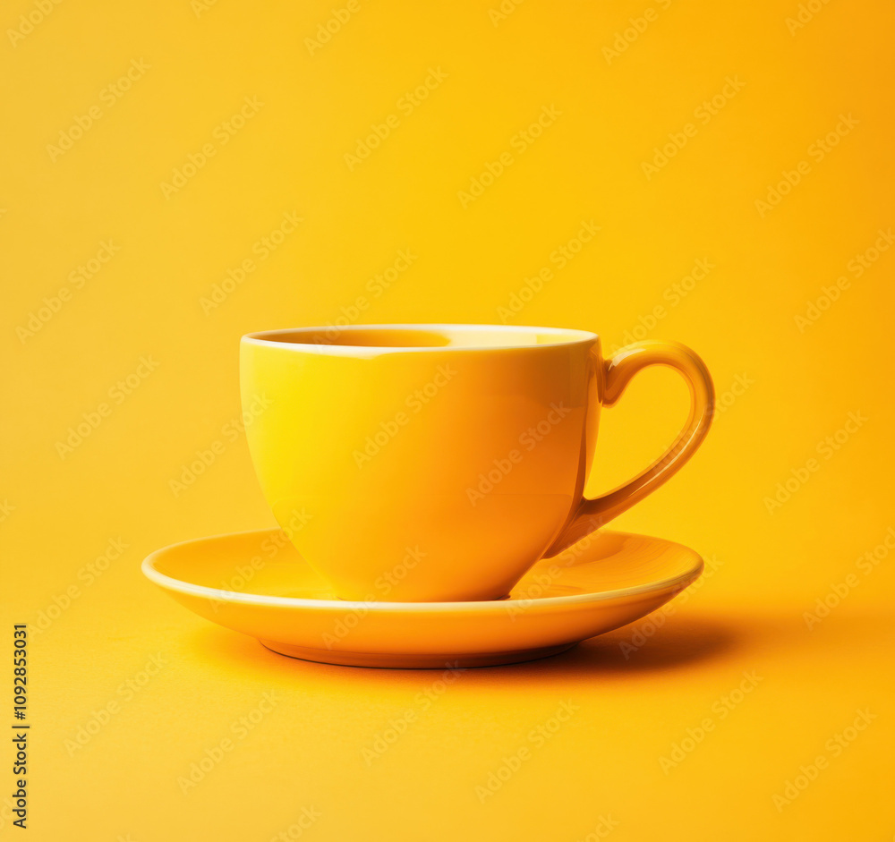 A bright yellow cup and saucer, solid color background, simple style, product photography, e-commerce, product display. A bright yellow cup and saucer, solid color background, simple style, product photography, e-commerce, product display.
