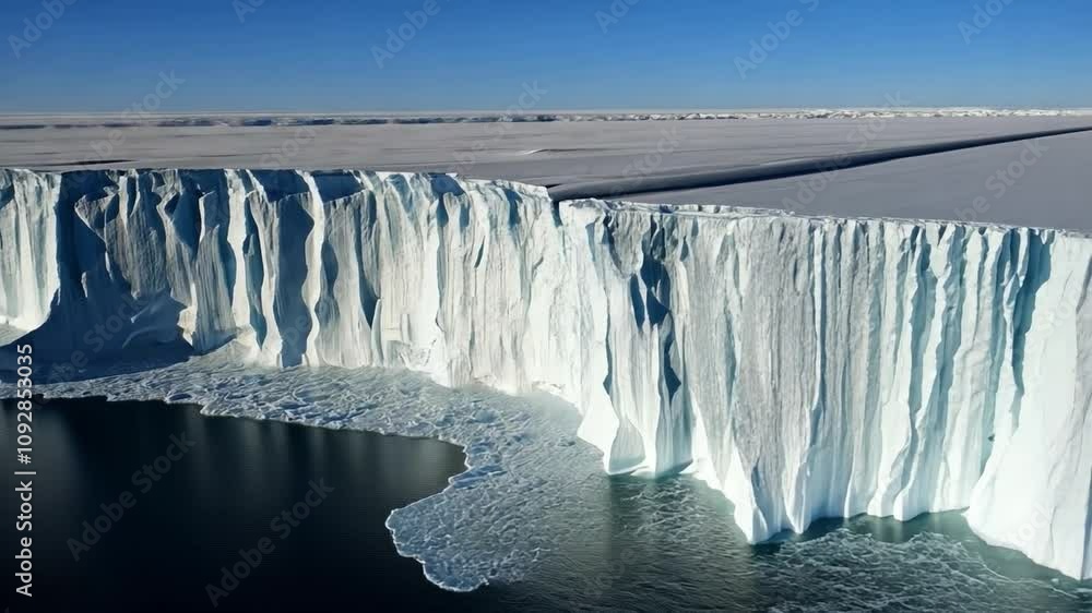 Antarctic Ice Cliff Majestic Glacial Wall Towering Over A Dark Blue 