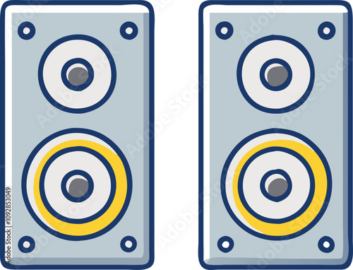 Dual gray speakers with yellow accents, Illustration of two gray speakers featuring dual circular drivers highlighted with yellow accents, representing a modern stereo sound system.  

