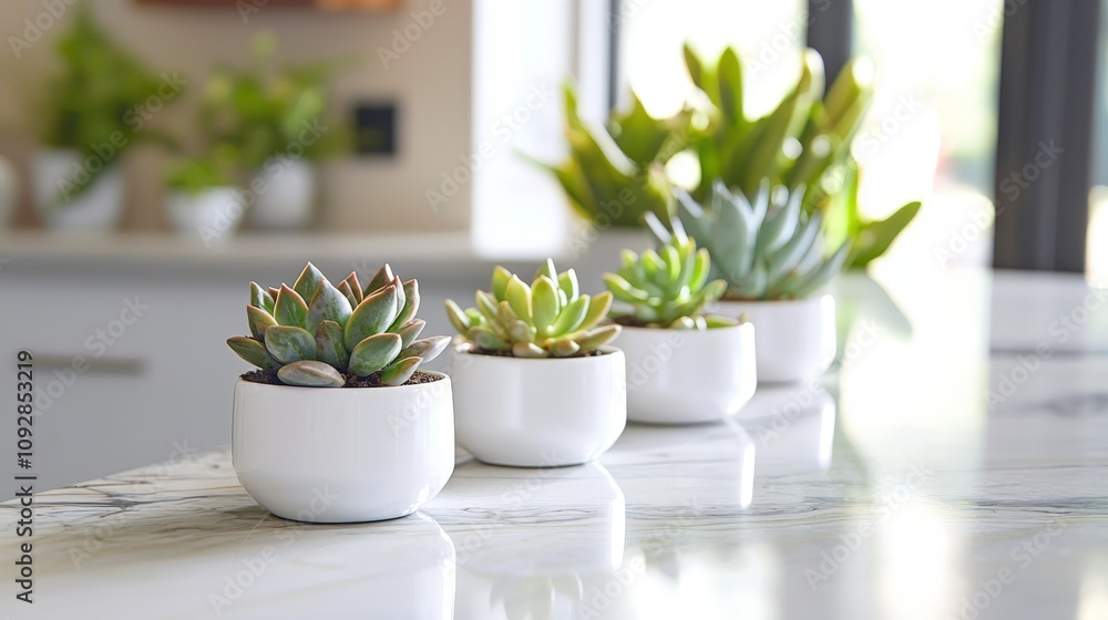 Fototapeta premium a row of small succulents in white ceramic pots on a marble kitchen counter